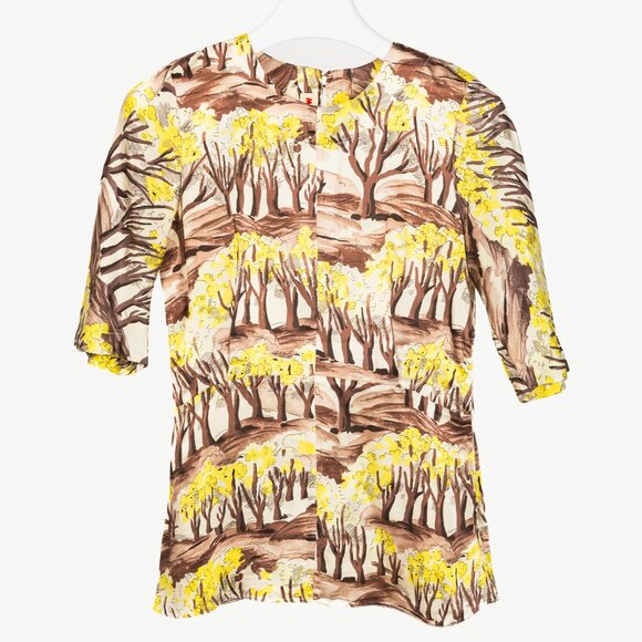 Marni AW/13 Brown & Yellow Forest-Print Viscose 3/4-Sleeve Blouse - Picture 1 of 10